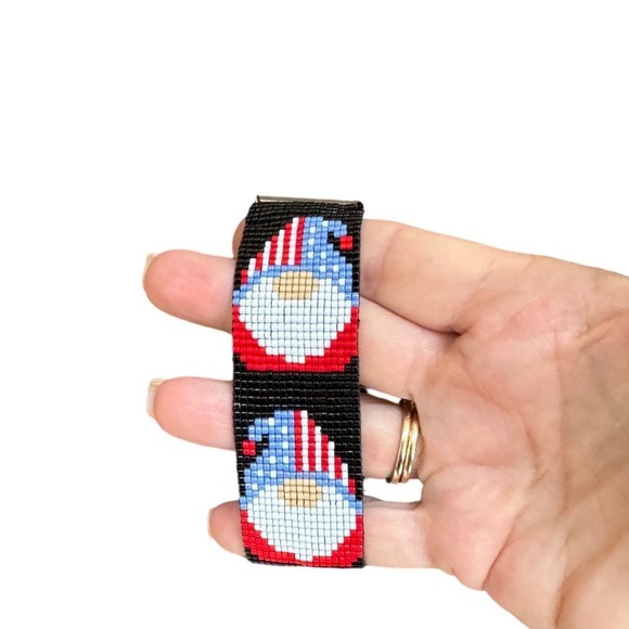 Handcrafted patriotic gnome beaded loom bracelet adjustable w/ blue heart charm - Picture 7 of 7